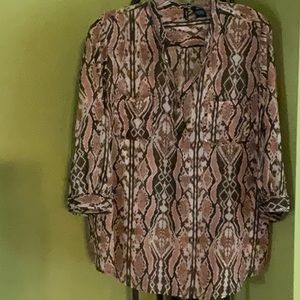 💖New Direction brown and beige sheer snake print, roll up long sleeve blouse